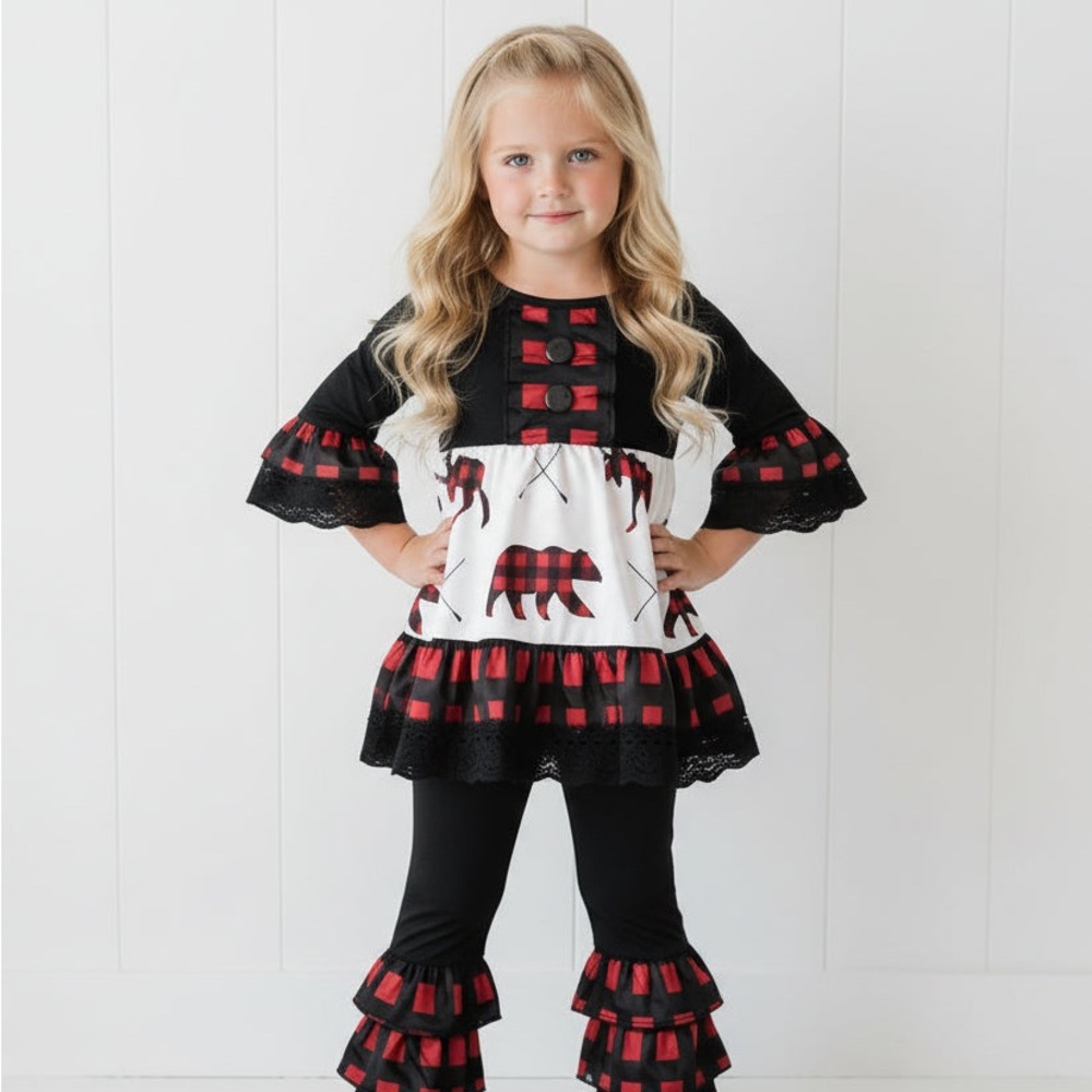 Buffalo Plaid Girl's Boutique Bear Ruffle Outfit
